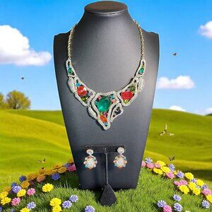 ZS Statement Bib Necklace & Earrings Set Multicolor Rhinestone Glam Vtg Costume